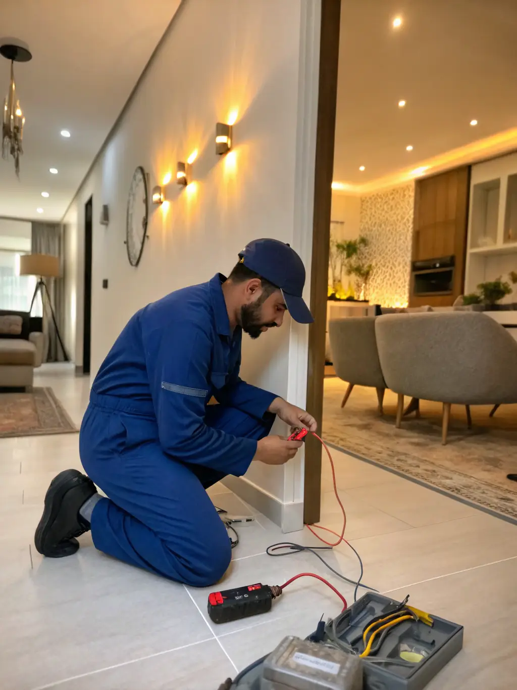 An electrician working on electrical wiring in a residential building, emphasizing safety and compliance.