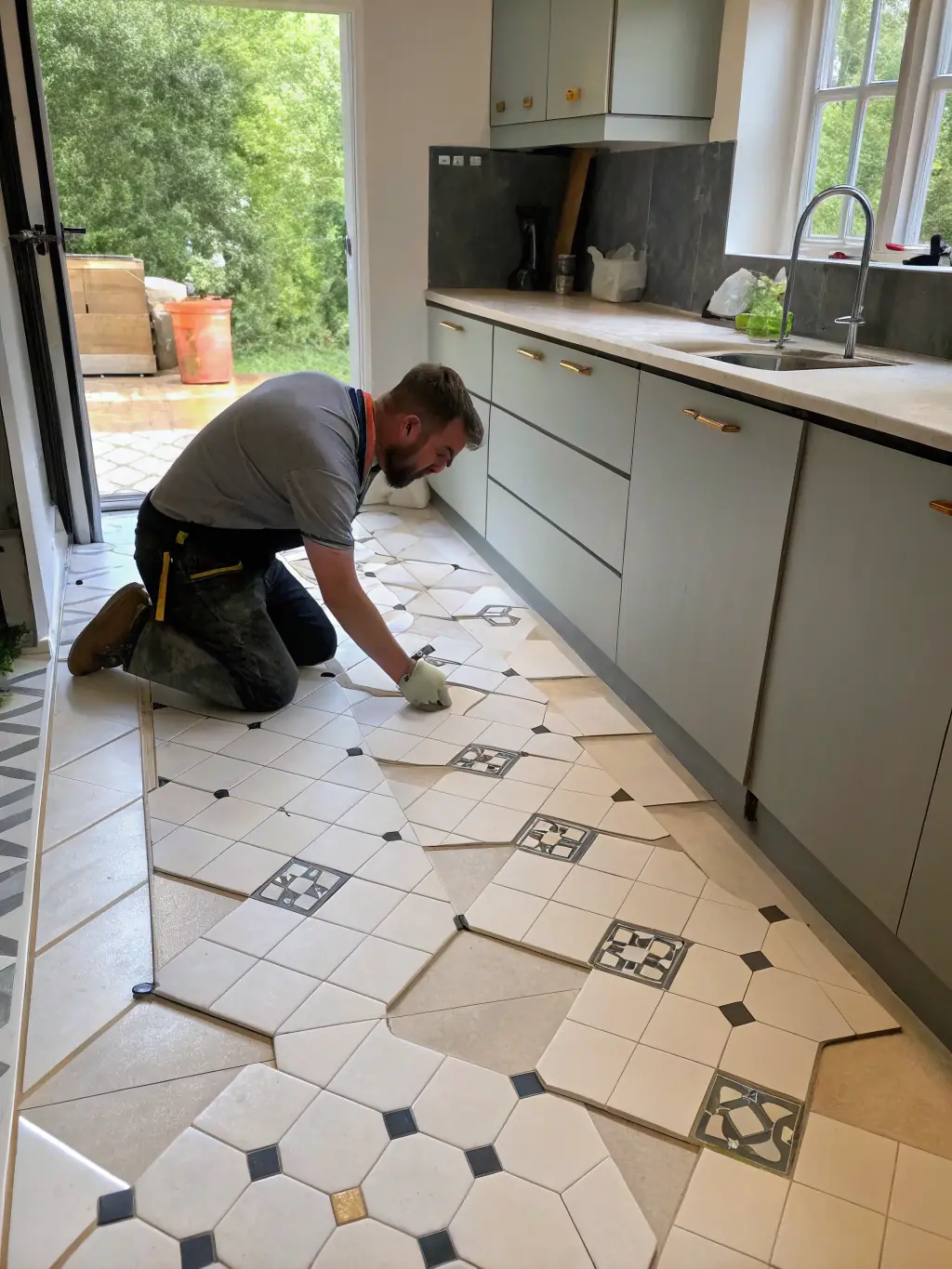 A tiler installing ceramic tiles in a bathroom, demonstrating precision and craftsmanship.